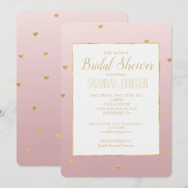 Invitación Corazones Ombre Rosa Rubor Gold (Anverso / Reverso)