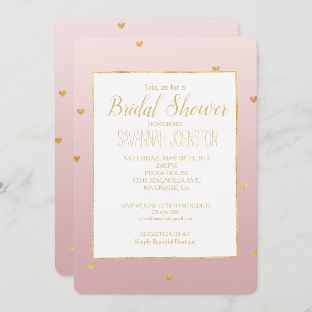 Invitación Corazones Ombre Rosa Rubor Gold (Anverso / Reverso)