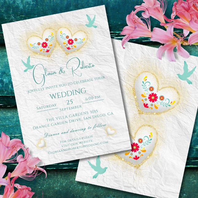 Invitación Corazones Pastel mexicanos Flores Doves (Subido por el creador)
