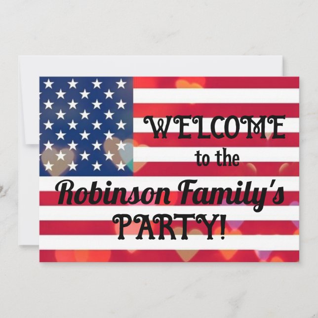 Invitación Corazones Patriotic USA Flag con texto caligráfico (Anverso)