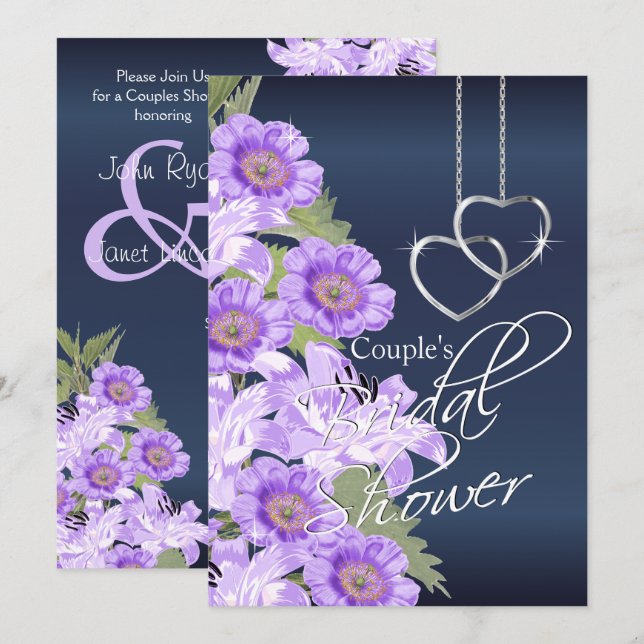 Invitación Corazones plateados en satén de lavanda y marina (Anverso / Reverso)