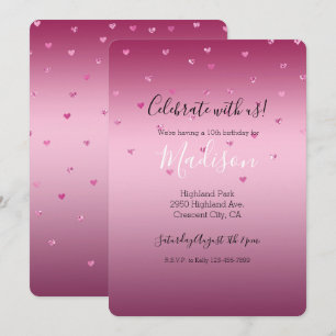 Invitación Corazones Purpurinas de glam rosado