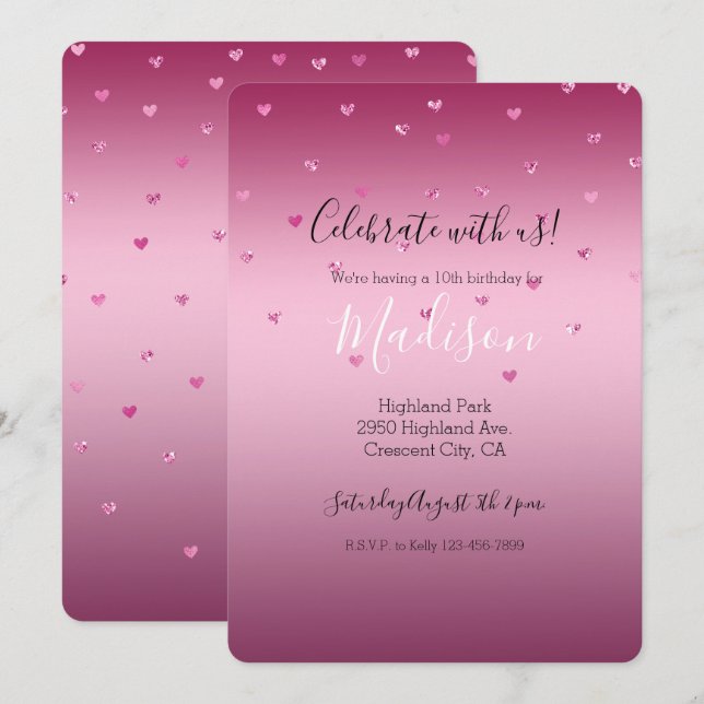 Invitación Corazones Purpurinas de glam rosado (Anverso / Reverso)