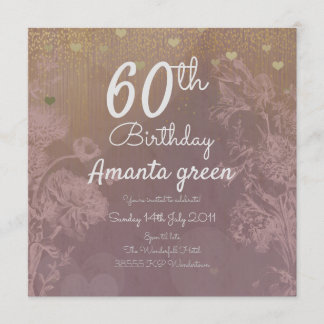 Invitación corazones purpurinas de oro rosado 60 cumpleaños