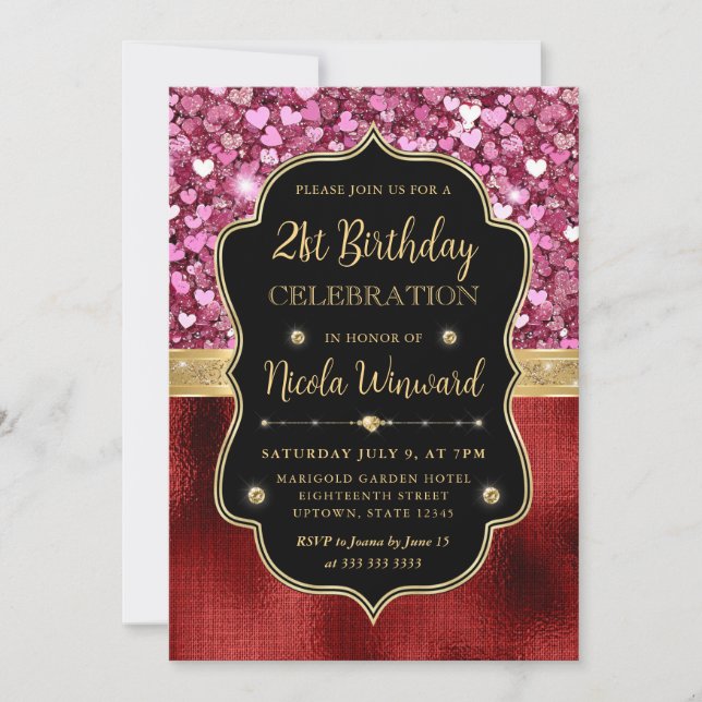 Invitación Corazones Purpurinas rosas y Relieve metalizado ro (Anverso)