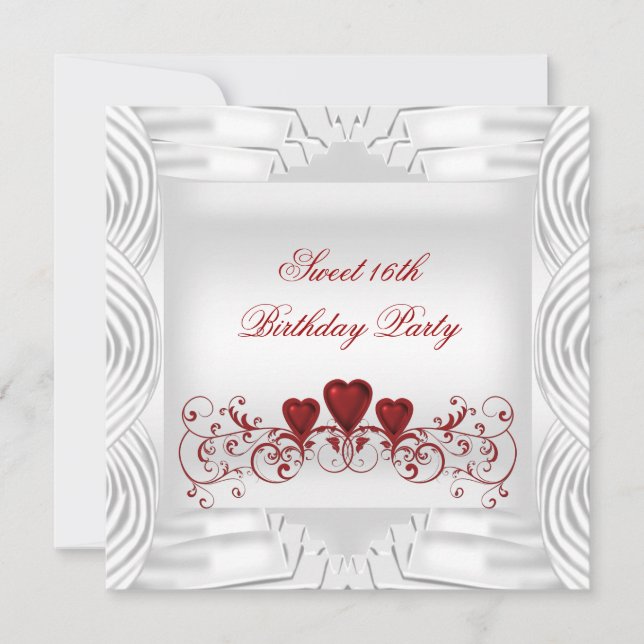 Invitación Corazones Rojos Blancos Elegantes Dulces 16 (Anverso)