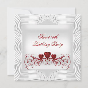 Invitación Corazones Rojos Blancos Elegantes Dulces 16