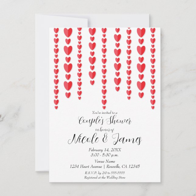 Invitación Corazones Rojos de San Valentín para Boda de Parej (Anverso)