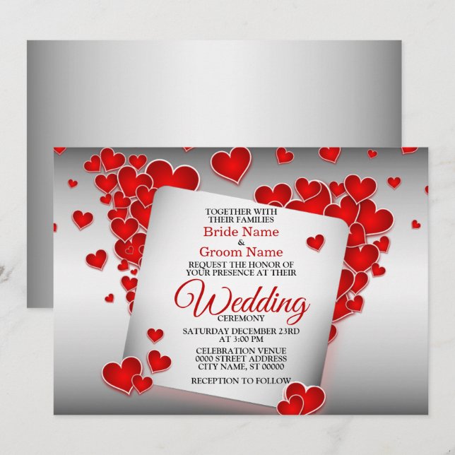 Invitación Corazones rojos Hermoso Boda (Anverso / Reverso)