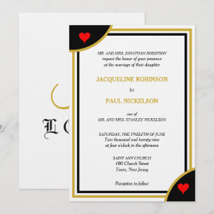 Invitación Corazones Rojos Monograma Geométrico Boda Dorado N