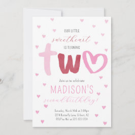 Invitación Corazones rojos rosados, cariño, segundo cumpleaño
