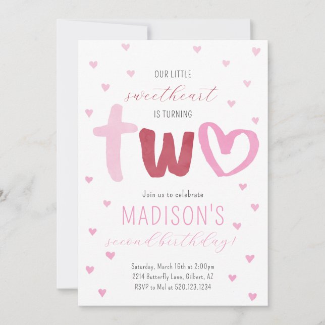 Invitación Corazones rojos rosados, cariño, segundo cumpleaño (Anverso)