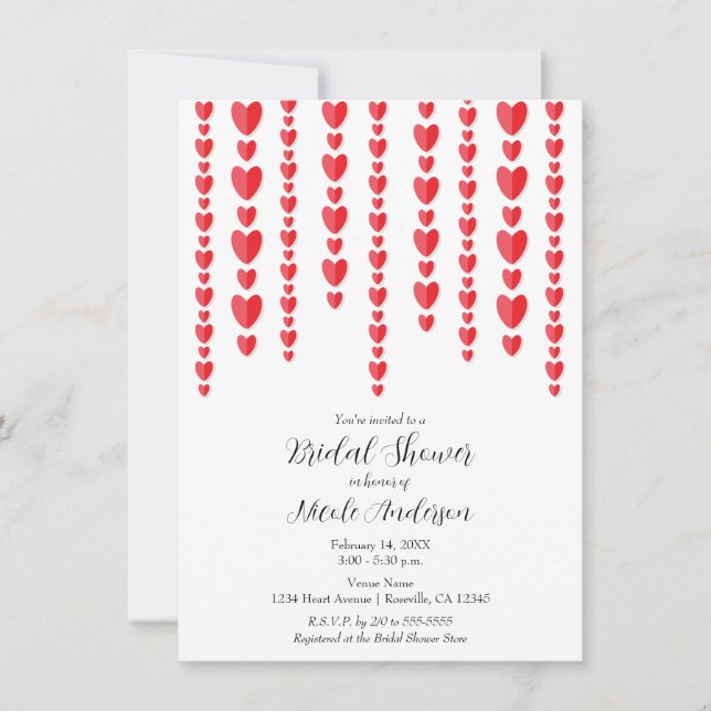 Invitación Corazones rojos Valentine Bridal Shower (Anverso)