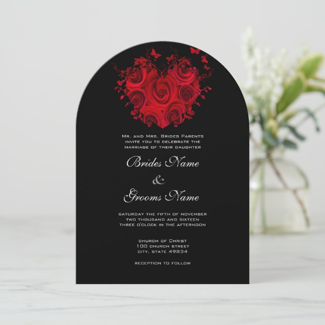 Invitación Corazones rojos y negros y Rosas Boda mariposa (Anverso de pie)