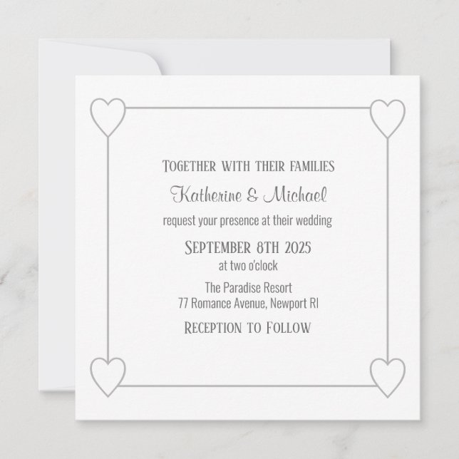 Invitación Corazones románticos Boda blanco simple moderno (Anverso)