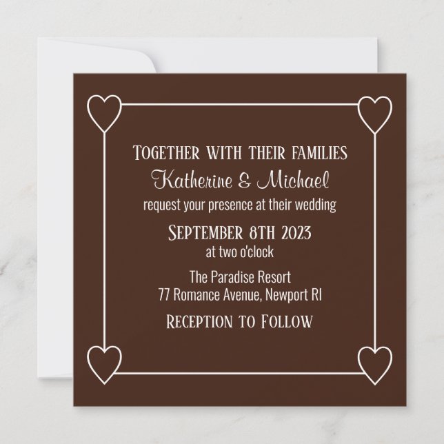 Invitación Corazones Románticos Boda Moderna Simple Marrón Os (Anverso)