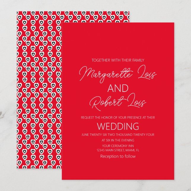 Invitación Corazones románticos boda rojo negro (Anverso / Reverso)