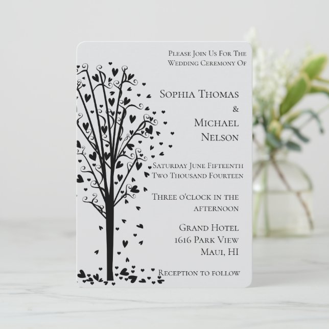 Invitación Corazones Románticos Chic Árbol Gris Boda (Anverso de pie)