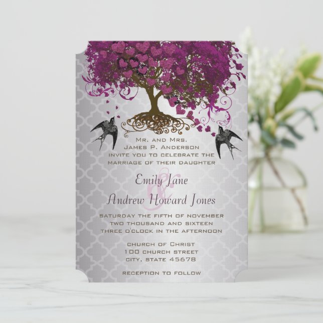Invitación Corazones románticos ciruela Boda de árbol de hoja (Anverso de pie)