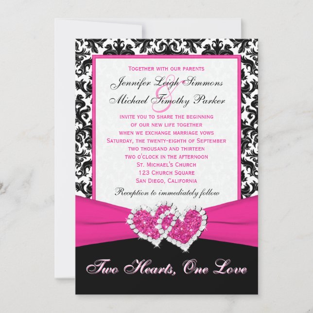 Invitación Corazones rosados blancos negros del damasco que (Anverso)