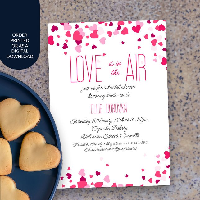 Invitación Corazones rosados brillantes Ducha dulce de San Va (Love is in the Air Valentine Bridal Shower invitation)