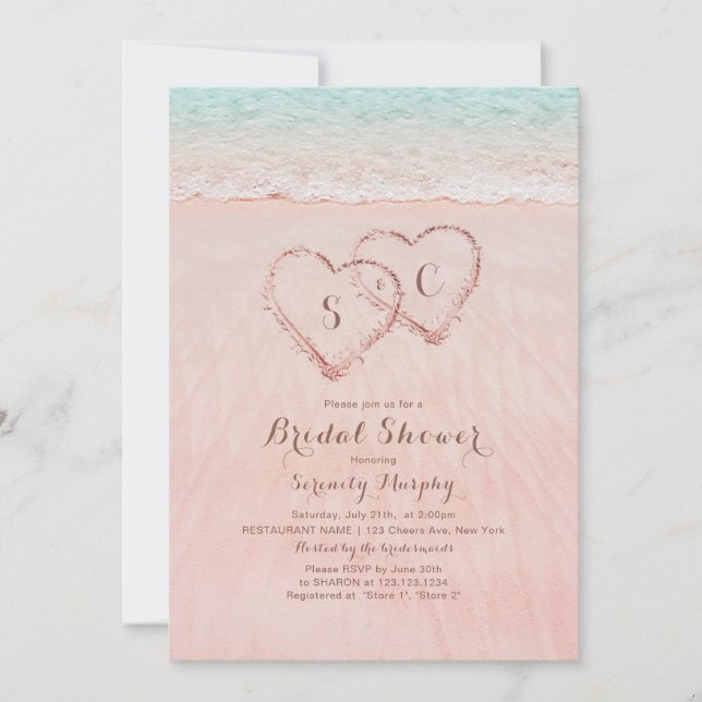 Invitación Corazones rosados de playa en la ducha de novia de (Anverso)