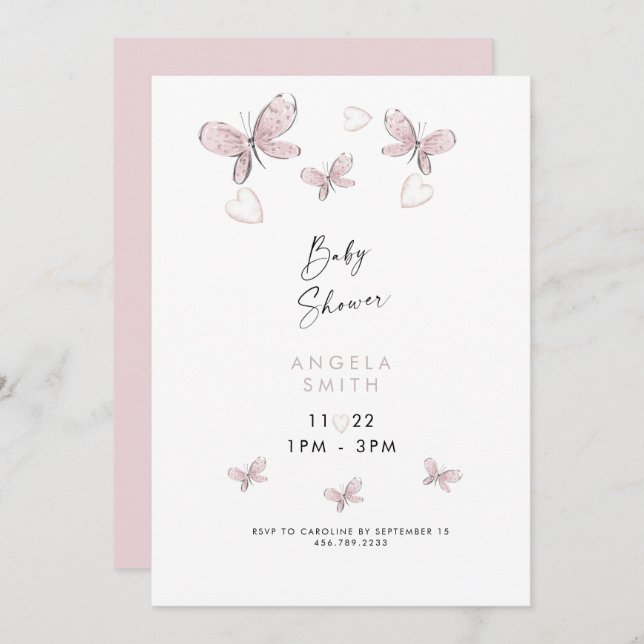 Invitación Corazones rosados dulces y mariposas II (Anverso / Reverso)