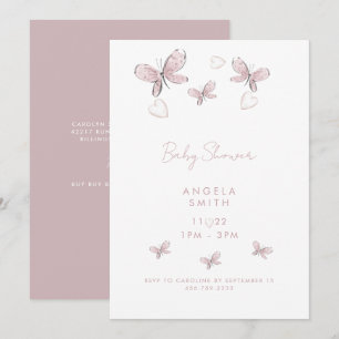 Invitación Corazones rosados dulces y mariposas Rosa agitado