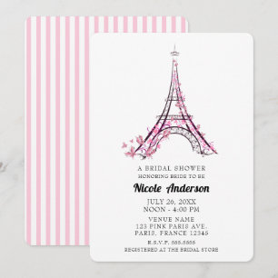 Invitación Corazones rosados Mariposas París Torre Eiffel Nov