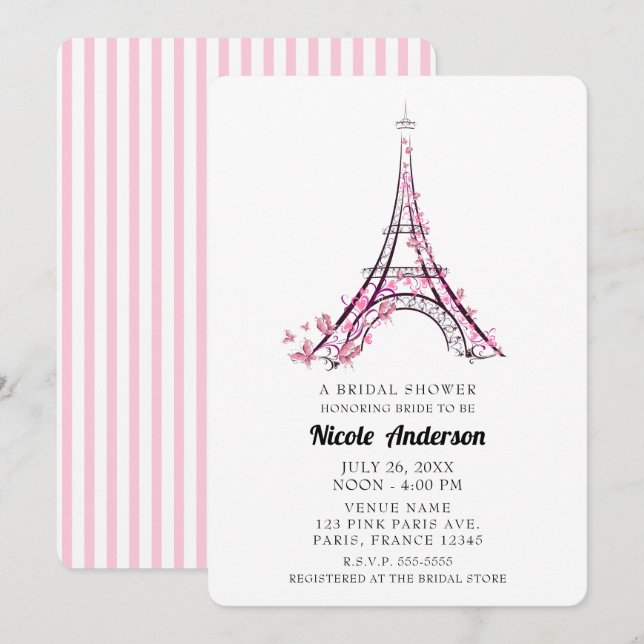 Invitación Corazones rosados mariposas Paris Torre Eiffel Nup (Anverso / Reverso)