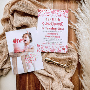Invitación Corazones rosados Pequeña foto de primer cumpleaño
