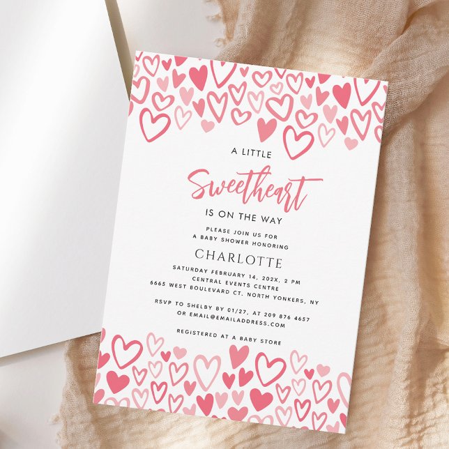 Invitación Corazones rosados Pequeño Chica Baby Shower (Modern Little Sweetheart Pink Hearts Valentines Girl Baby Shower Invitation)