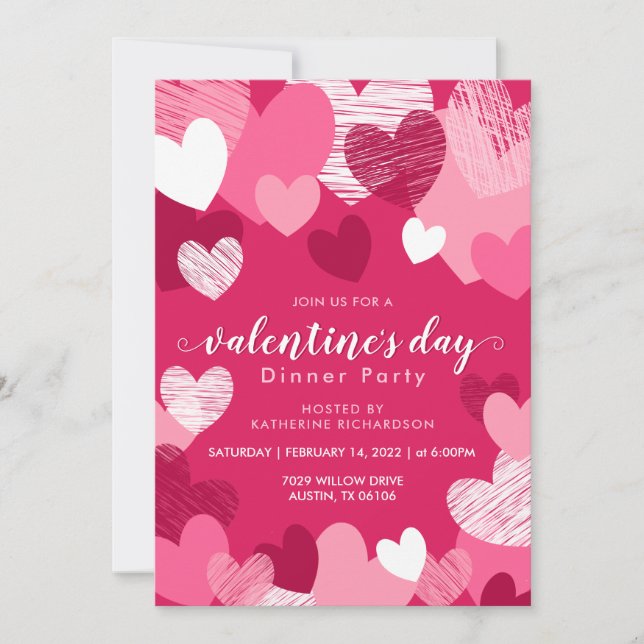 Invitación Corazones rosados personalizados Fiesta de la cena (Anverso)