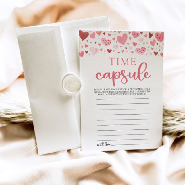 Invitación Corazones rosados Valentine Baby Shower Cápsula de (Watercolor Cute Pink Red Hearts Valentine Sweetheart Baby Girl Time Capsule Card Baby Shower Game)