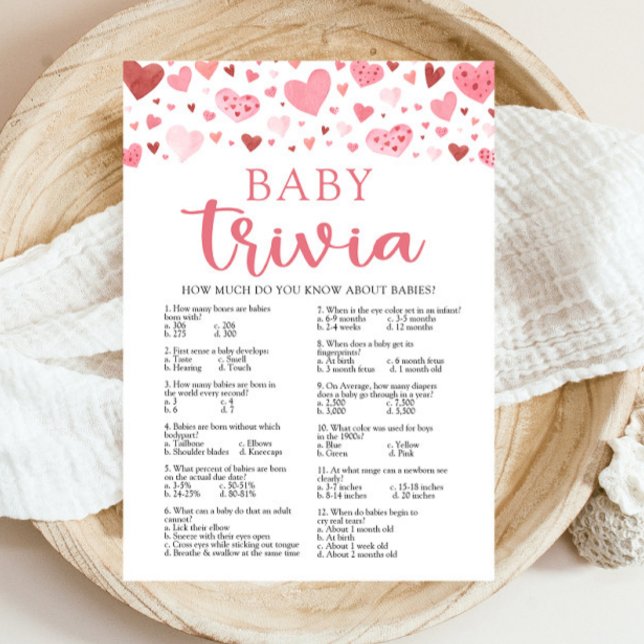 Invitación Corazones rosados Valentine Baby Trivia Juego de B (Watercolor Cute Pink Red Hearts Valentine A Little Sweetheart Girl Baby Trivia Baby Shower Game)