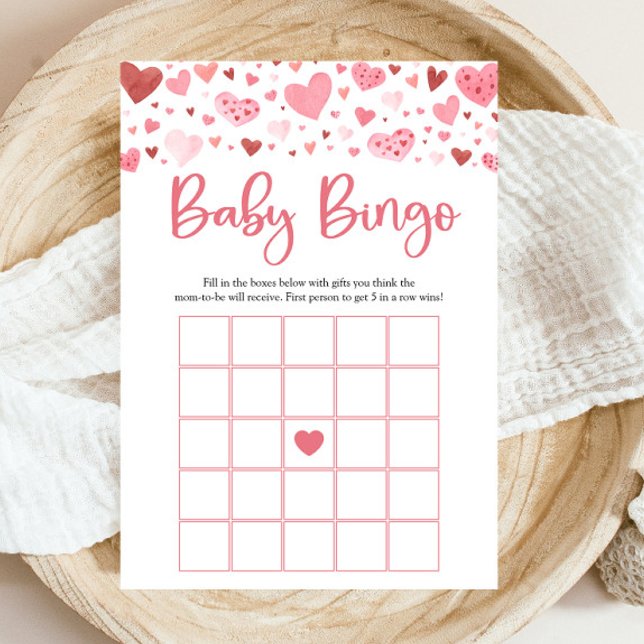 Invitación Corazones rosados Valentine Bingo juego de Baby Sh (Watercolor Cute Pink Red Hearts Valentine A Little Sweetheart Girl Baby Bingo Baby Shower Game)