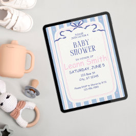 Invitación Corazones rosados y Baby Shower Blue Bows