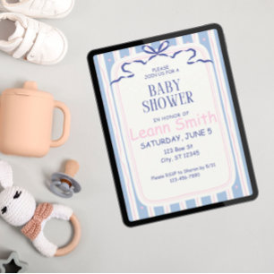 Invitación Corazones rosados y Baby Shower Blue Bows