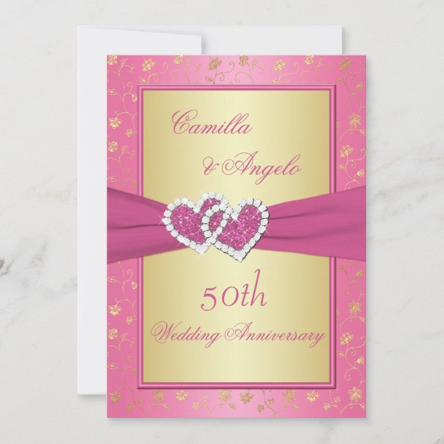 Invitación Corazones rosados y dorados se unieron a 50 años (Anverso)