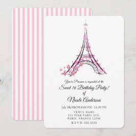 Invitación Corazones rosados y mariposas París Torre Eiffel F