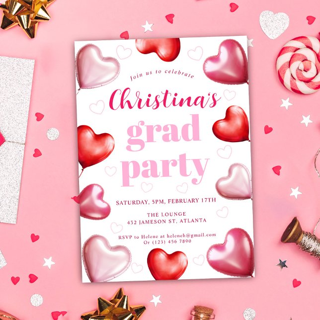 Invitación Corazones rosas adoran elegante fiesta de graduaci (Pink Cute Stylish Graduation Party Invitation)