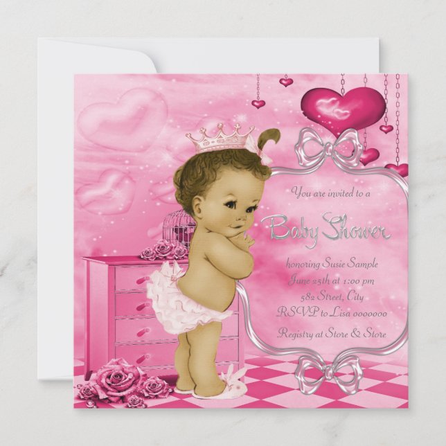 Invitación Corazones rosas y Rosas Baby Shower afroamericano (Anverso)