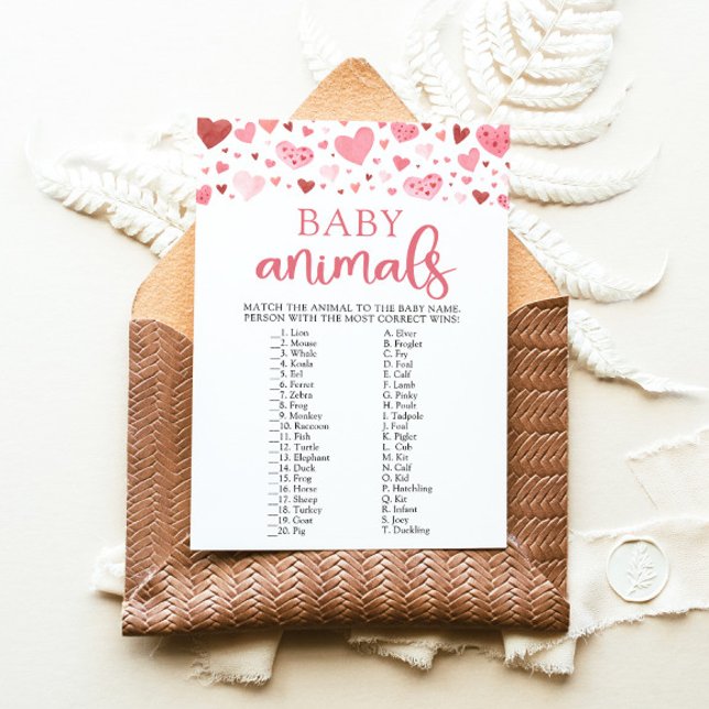 Invitación Corazones San Valentín Baby Shower Baby Animals Ju (Watercolor Cute Pink Red Hearts Valentine A Little Sweetheart Girl Baby Animals Baby Shower Game)