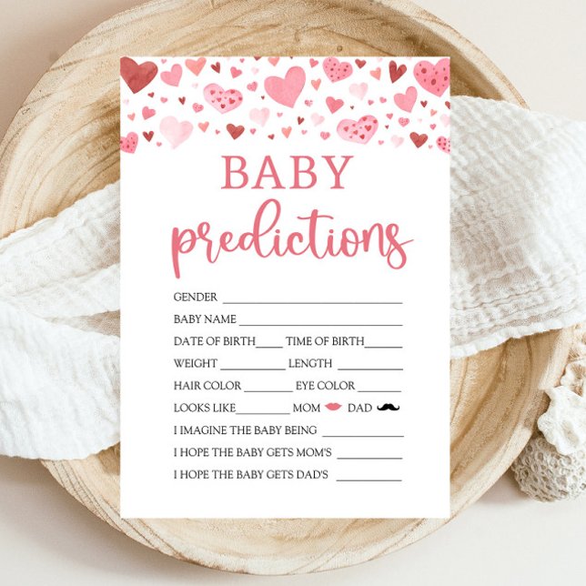 Invitación Corazones San Valentín Baby Shower Juego de predic (Watercolor Cute Pink Red Hearts Valentine A Little Sweetheart Girl Baby Prediction Baby Shower Game)