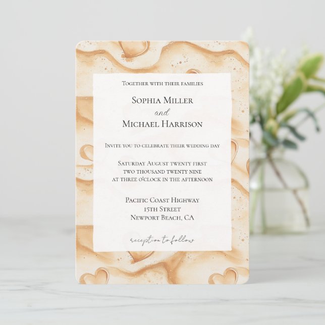 Invitación Corazones tropicales en Boda de arena (Anverso de pie)