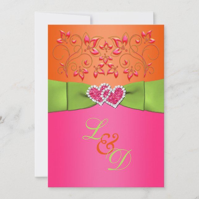 Invitación Corazones unidas rosados, Naranjas, florales anima (Anverso)