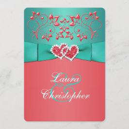 Invitación Corazones unidos florales verde azulados coralinos