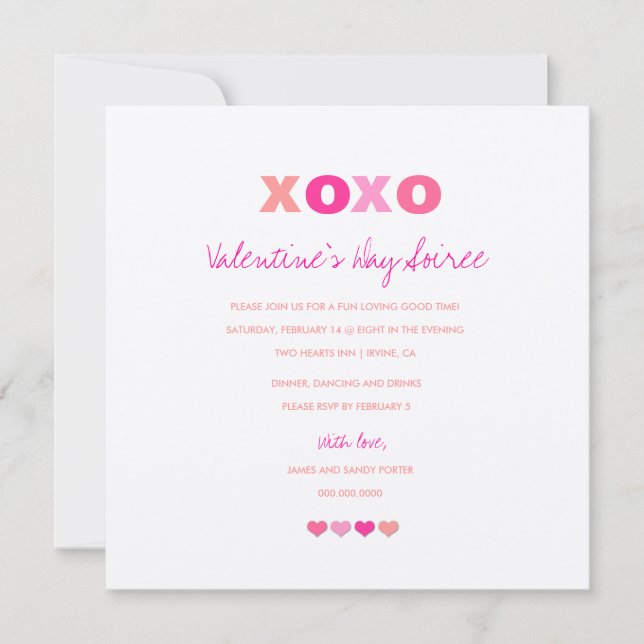 Invitación Corazones XOXO metálicos en fila (Anverso)