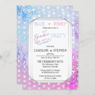 Invitación Corazones y confetti azul rosado de género revelan