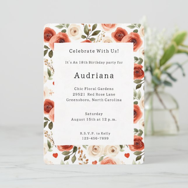 Invitación Corazones y flores de Crema Roja Cumpleaños (Anverso de pie)